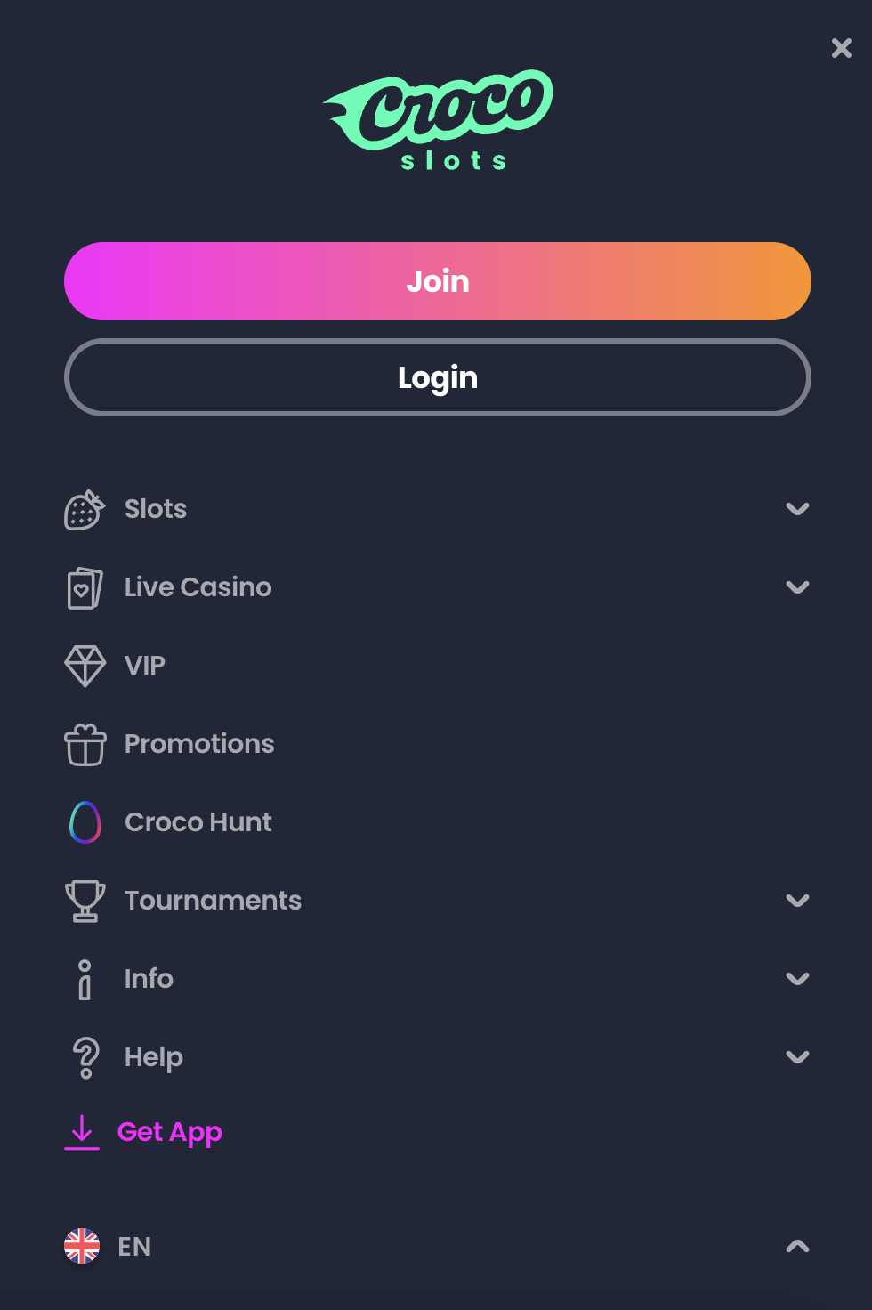 CrocoSlots Mobile Menu